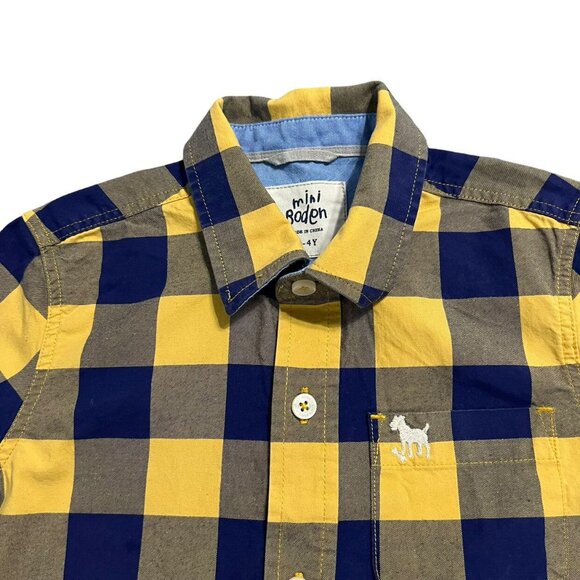 Mini Boden 3-4Y Navy & Yellow Plaid Button Down Shirt - Picture 2 of 4